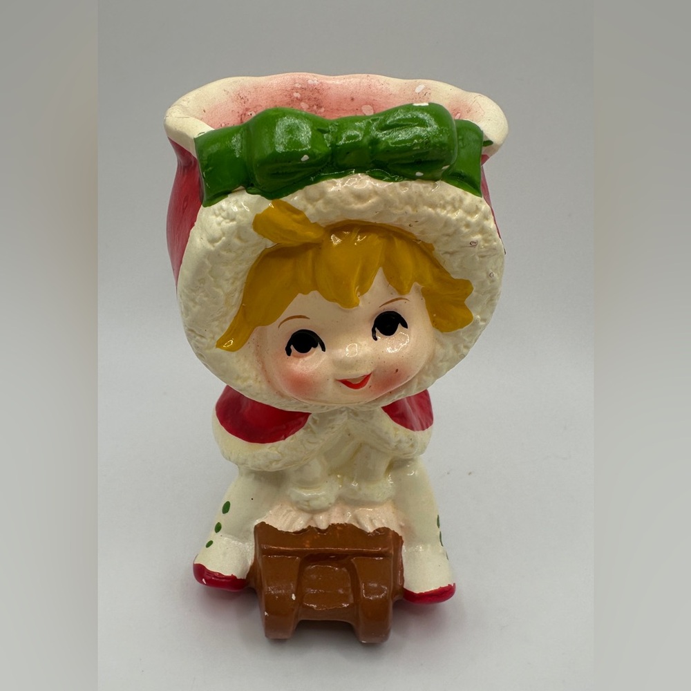 Vintage Lefton Girl on Winter Sled Votive Candle Holder #7047, Japan, Holiday